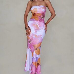 Tiger Mist Strapless Floral Dress - Pink and Orange